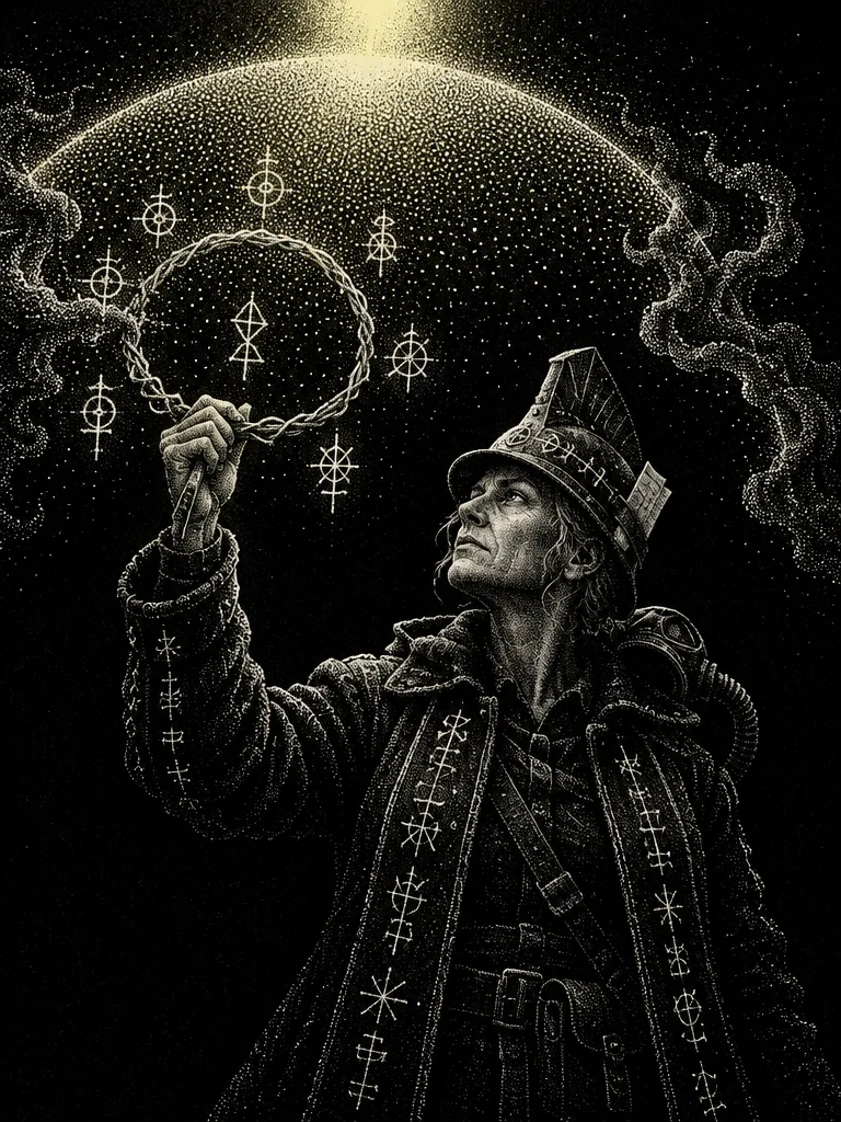 Orsolya mengangkat lingkar kawat. Kubah cahaya titik terbuka di atasnya dan sigil kapur melayang di sekeliling tangannya.